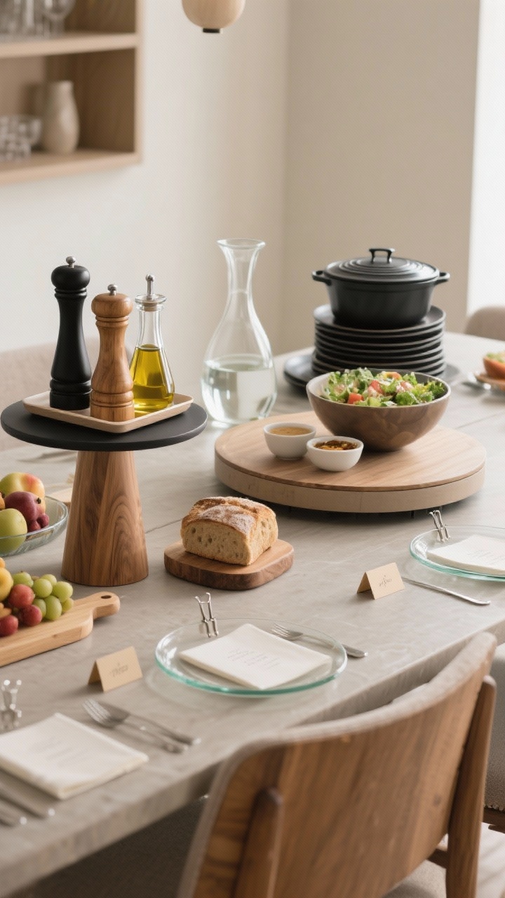 Corner-angle medium shot of a function-forward dining setup: on-table everyday heroes include matte black and natural wood salt and pepper mills, a clear glass oil and vinegar set on a small tray, and a low bread board pedestal holding fresh fruit; event-ready additions nearby include a glass water carafe and wine decanter, a stacked serveware trio (lidded casserole, sculptural salad bowl, small pinch bowls for sauces), and practical mini clip place cards on glass rims; optional low-profile lazy Susan centered for family-style ease; neutral tones with warm wood, soft ambient light, photorealistic.