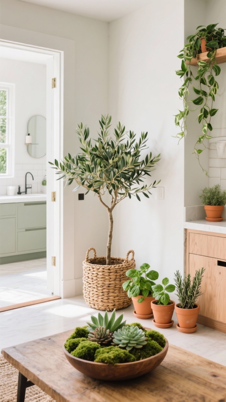 Corner angle medium shot showcasing real or realistic greenery: entryway with an olive tree in a woven basket, coffee table with a low bowl planter of moss and succulents, kitchen counter vignette of matching terracotta pots of basil, mint, and rosemary, and a bathroom shelf glimpse with a trailing pothos; arrange small plants in odd-number groupings; textures of terracotta and woven fiber; bright, fresh daylight.