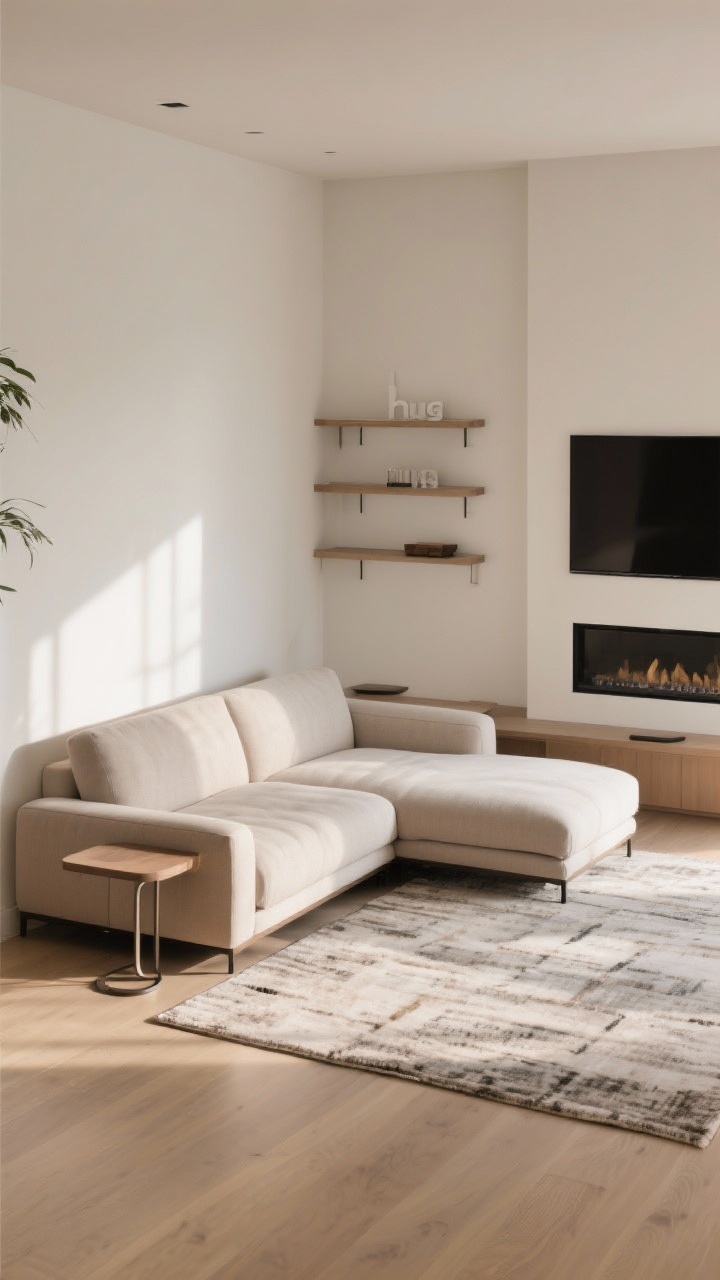 Corner-angle wide shot: An L-shaped layout featuring a sofa with chaise (or a compact sectional). The longer piece runs along the longer wall, chaise forming the short leg of the L to “hug” the space. The interior of the L faces the focal point (TV or fireplace), with a single rug bridging both pieces. Ends remain airy with wall-mounted shelves instead of bulky end tables; a slim C-table slides under the sofa. Clean lines, open walking space, warm natural light.