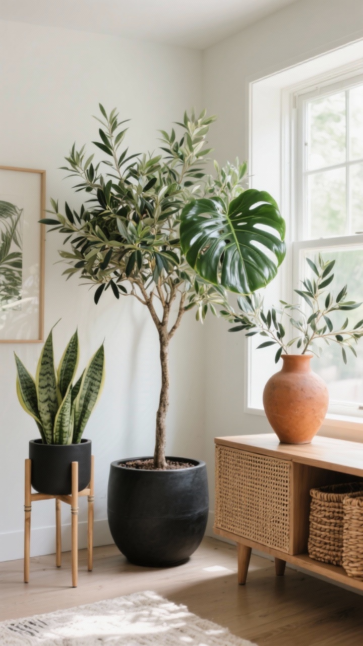 Corner medium shot: Nature-forward vignette with layered greenery—a low-maintenance snake plant and ZZ plant on stands, a statement olive tree in a matte black planter, and a monstera by the window. Add quality faux olive branches in a chunky terracotta vase on a console. Woven basket planter for a boho touch; plant stands add height. Bright indirect daylight, photorealistic.