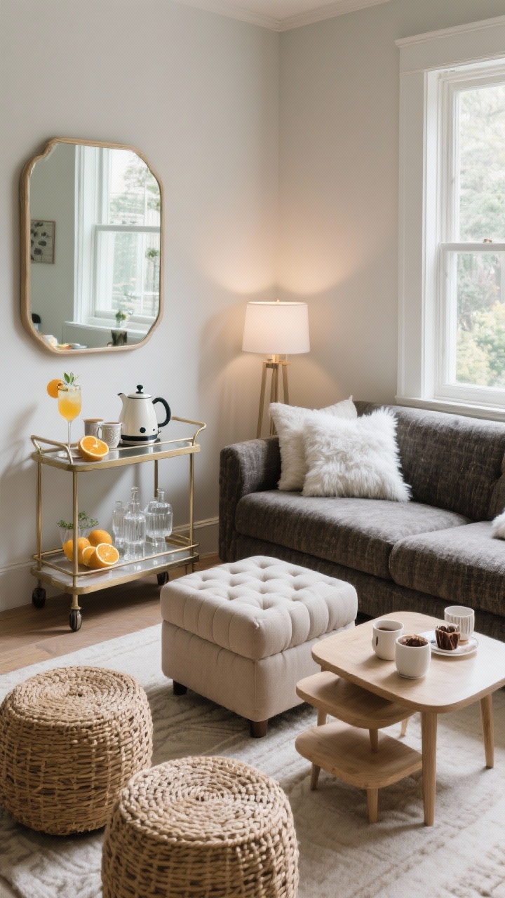 Corner medium shot of multitasking furniture in rotation: summer setup featuring lightweight woven ottomans and nesting tables pulled apart for a gathering, a bar cart styled with spritzes, citrus, and clear glass; winter alternative in the same corner shows a tufted upholstered ottoman, nesting tables tucked together for a cozier footprint, and the cart reimagined as a tea station with a pretty electric kettle, mugs, and cocoa fixings. A mirror near the window in summer to amplify light; in winter, a darker textured canvas over the sofa adds mood. Soft ambient lighting, photorealistic.