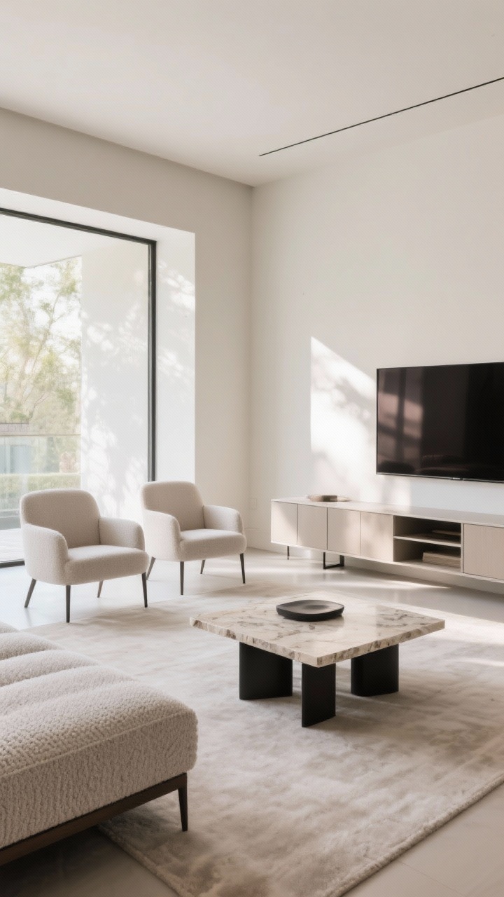 Corner medium shot: Sleek-lined furniture with cozy textures—bench-seat, low-profile sofa in performance boucle, two armless chairs keeping sightlines open, a travertine-top coffee table with a slim black metal base, and a floating media console with closed storage. All major pieces have open bases to visually lighten the room. Neutral tones, airy composition, soft afternoon light, photorealistic.