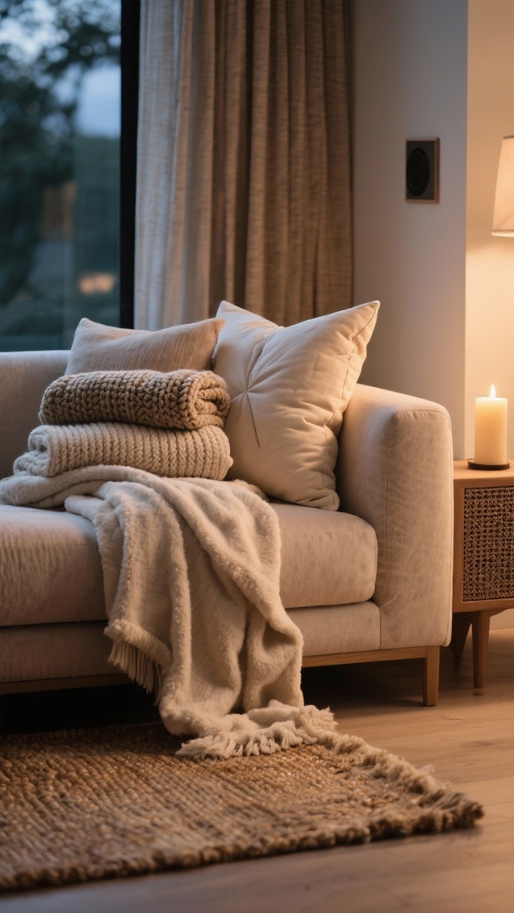 Cozy detail closeup: Comfort layered on repeat—plush sofa arm piled with pillows using down-alternative inserts showing a soft karate-chop, a trio of throws draped and folded (chunky knit, lightweight linen, ultra-soft fleece), and a small plush rug layered over a natural fiber base with a rug pad peeking subtly. Include fabric curtains for sound absorption and a small hidden speaker grille nearby; a softly glowing candle adds scent ambiance. Warm evening light, photorealistic.