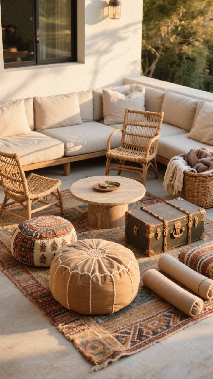 Cozy lounge zone composition highlighting mixed seating and floor layers: a low outdoor sofa/sectional with neutral cushions as the anchor, paired with one rattan chair and one acacia chair with rope-woven detail. On the rug, oversized poufs, kilim floor cushions, and a couple of thick yoga bolsters. Centered by a round coffee table; a vintage trunk sits to the side as an alternate surface. A lidded basket filled with throws is nearby for chilly nights. Golden-hour light with gentle shadows, medium shot from a slight corner angle, photorealistic, no people.