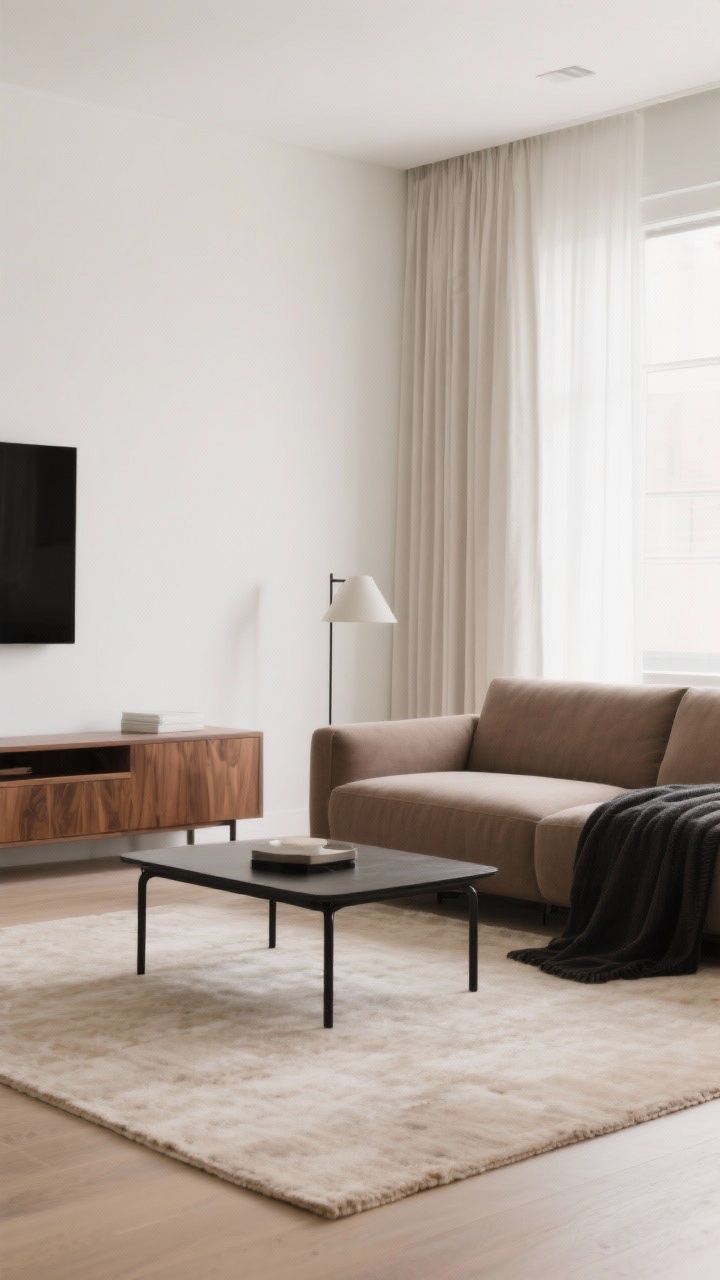 Creamy white walls, a large soft beige rug, and a taupe sofa form the 60% base; walnut wood finishes and linen curtains represent the 30% mid-tones; black metal legs on the coffee table and a deep charcoal throw provide the 10% contrast. Soft, warm daylight (2700–3000K feel), balanced and calm, photorealistic.
