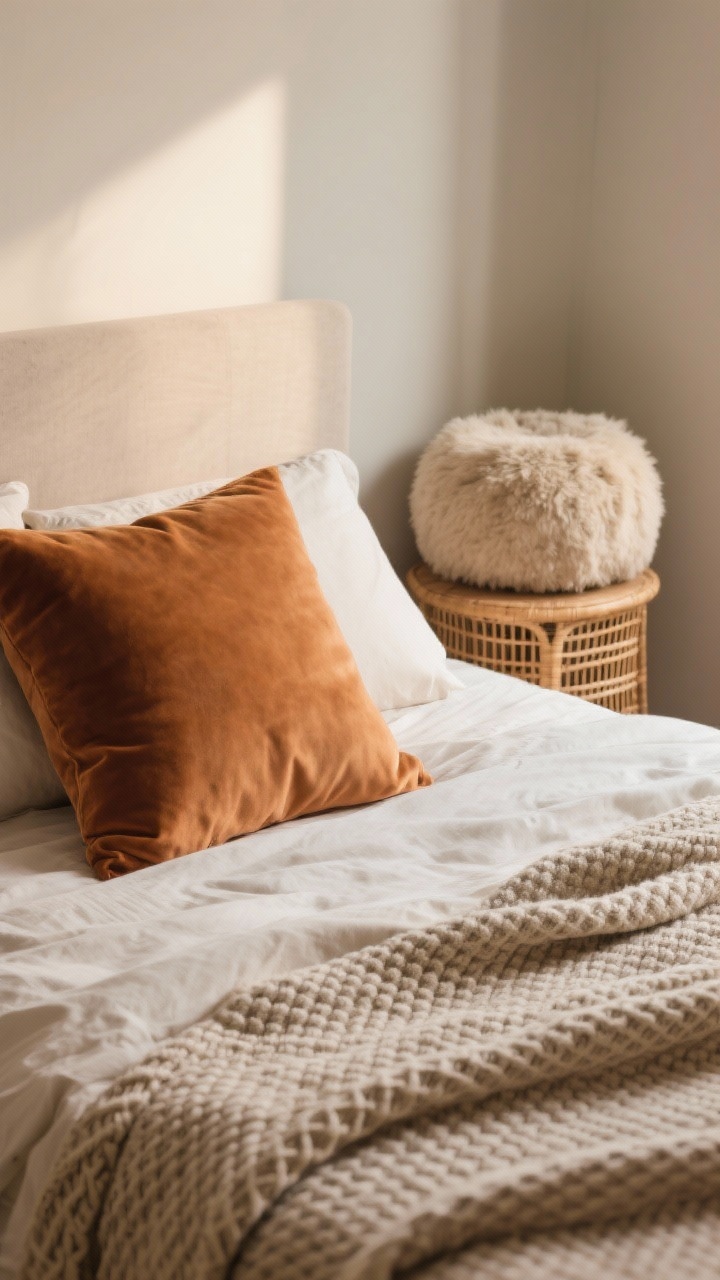 Detail closeup: A bed corner showcasing layered textures—waffle-knit blanket draped over a linen duvet, topped with a plush velvet throw pillow in a warm tone. In the background, a faux-shearling pouf sits beside a rattan side table. Soft, warm ambient light skims the fabrics, highlighting matte vs. fuzzy surfaces. Photorealistic, shallow depth of field, angled three-quarter view.