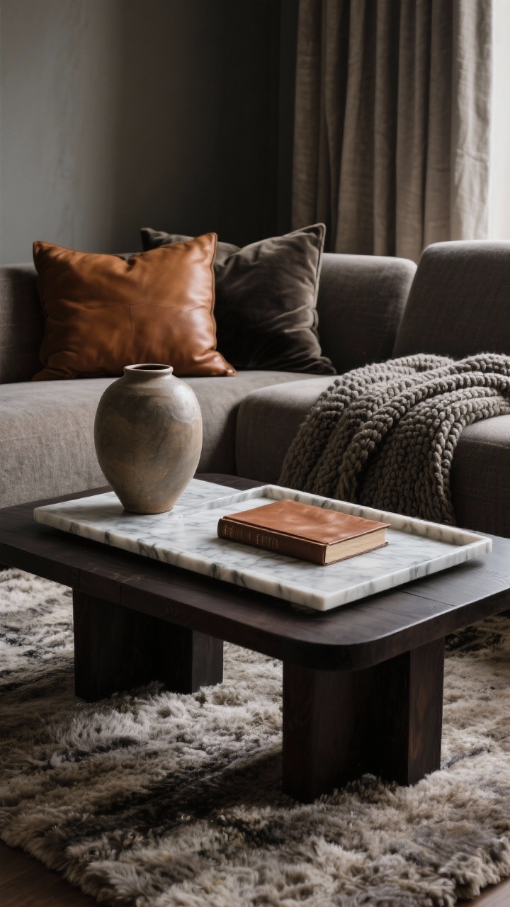 Detail closeup: A layered materials tableau—plush wool rug underfoot, dark wood coffee table topped with a marble tray, a ceramic vase, and a leather-bound book. Nearby, linen curtains soften the background while velvet pillows and a chunky knit throw introduce tactile contrast. Palette stays tight in taupe, stone, and charcoal with muted cognac leather accent. Side-lit to highlight matte vs glossy and soft vs polished textures; intimate, moody depth of field.