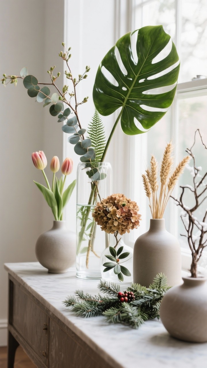 Detail closeup: A series of botanicals styled on a console to bring the outdoors in across seasons. Spring: tall vase with eucalyptus and budding branches beside fresh tulips; Summer: a single dramatic monstera leaf and fern fronds in clear water; Fall: dried hydrangeas and wheat stems with olive branches; Winter: evergreen boughs, holly, and sculptural bare branches. Mix real and high-quality faux stems in matte ceramic and glass vessels. Soft natural window light with gentle shadows.
