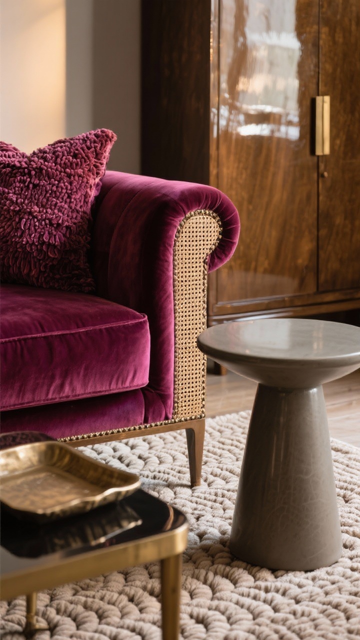 Detail closeup: A tactile vignette on a sofa and side table highlighting texture therapy—jewel-toned velvet sofa arm, boucle pillow, rattan cane cabinet door edge, glossy lacquer tray, and a matte ceramic side table with a looped tuft rug beneath. Show subtle light reflections on lacquer and depth in fabrics. Warm, diffused indoor lighting to emphasize touchable materials; tight, low-angle shot focused on textures.