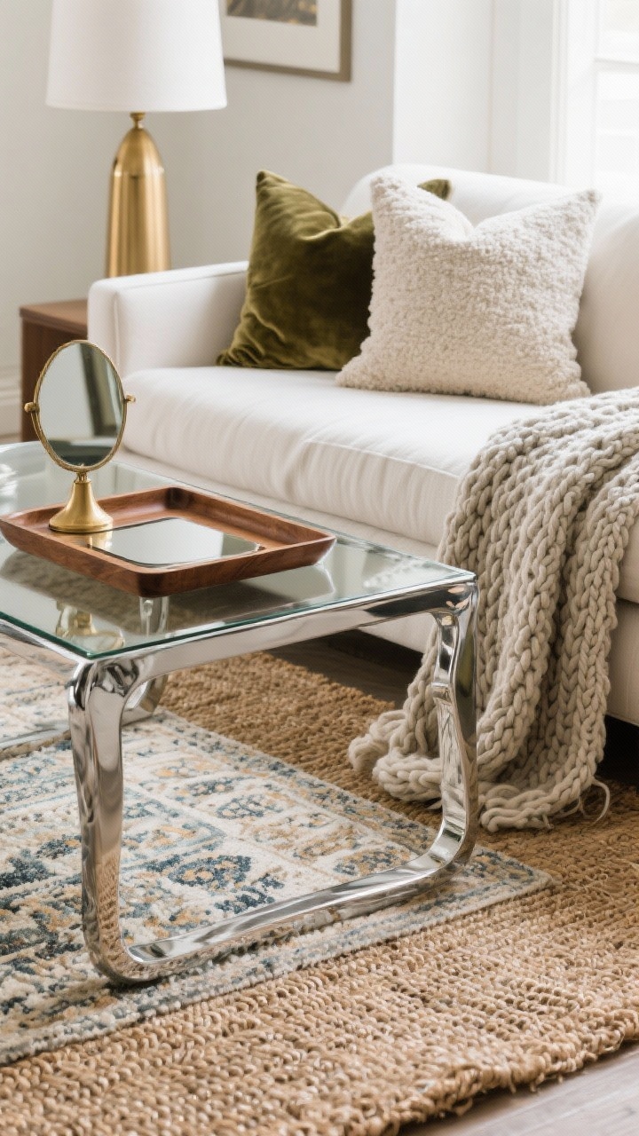 Detail/closeup — A texture-rich vignette emphasizing contrast: a sleek chrome-and-glass coffee table beside a chunky knit throw draped over a linen slipcovered sofa; pillows in bouclé, velvet, and linen within a tight palette of warm white, soft gray, and olive; a warm wood tray on the table with a small mirrored accent and a single brass lamp nearby adding a controlled shine; layered rugs with a larger jute base and a smaller vintage patterned rug on top; soft, diffuse daylight highlighting the weave and fibers; photorealistic, no people.