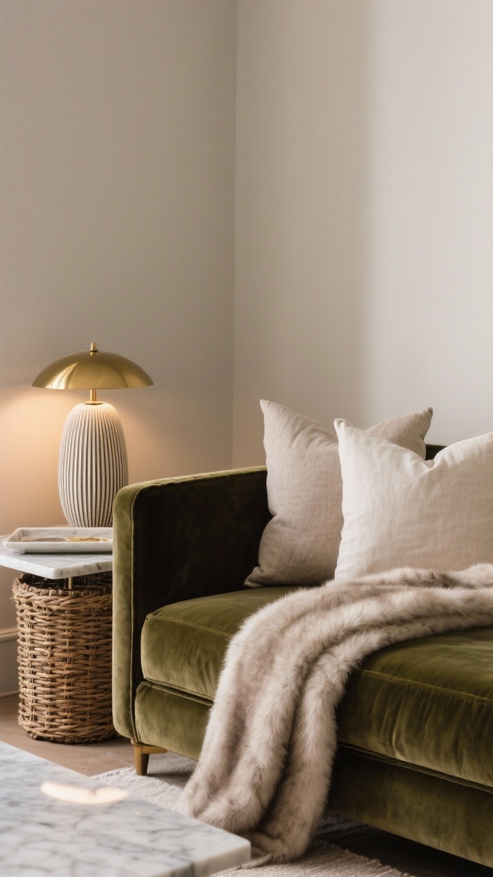 Detail closeup: A texture-rich vignette featuring a corner of a velvet sofa layered with linen pillows and a cashmere (or faux fur) throw, set beside a sleek marble tray holding a shiny brass lamp; matte painted wall behind contrasts with a ribbed ceramic vase and woven basket below; lighting rakes across surfaces to highlight the mix of smooth, nubby, soft, and shiny textures.