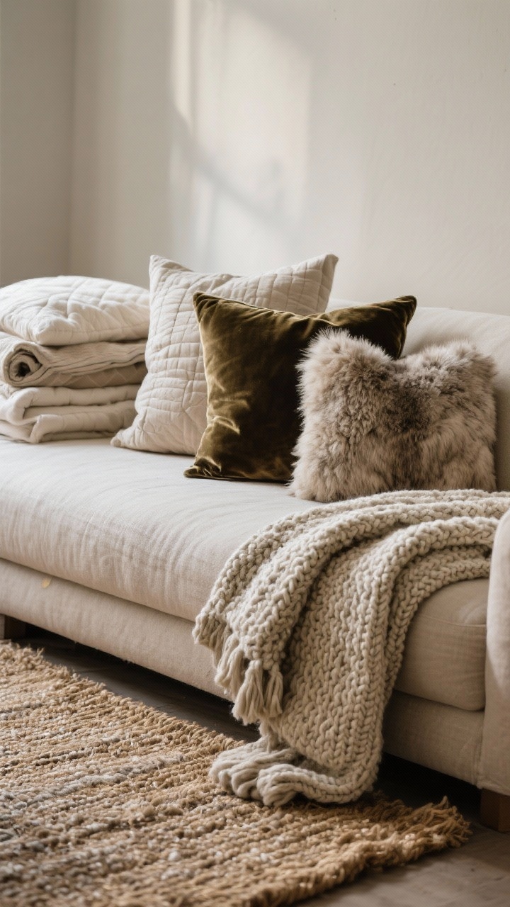 Detail closeup: A textured vignette on a sofa corner showing a rotation of textiles—front focus on boucle and velvet throw pillows and a faux fur pillow stacked beside a chunky knit blanket for cool months; in the background, folded linen and cotton pillow covers and a lightweight quilt for warm months. Include an edge of a rolled jute rug beside a thick wool rug layered underneath for contrast. Soft, diffused indoor lighting highlighting fabric weaves and pile.