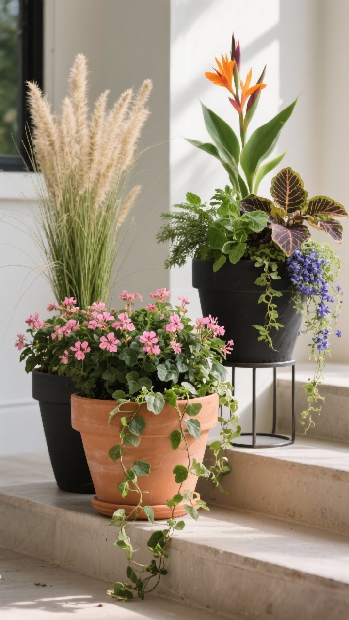 Detail closeup: A trio of planters styled with the “thriller, filler, spiller” formula. Foreground planter: a dwarf ornamental grass as the tall thriller, bushy geraniums as filler, and trailing sweet potato vine spilling over the rim. Adjacent planters show canna lily with coleus and cascading lobelia; a small evergreen with basil and ivy. Varying heights on a step and a metal pot stand; natural textures of terracotta and matte black planters. Morning light highlighting leaf textures; odd-number grouping; photorealistic.