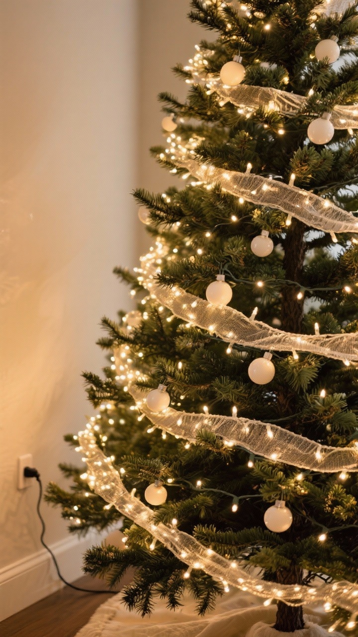 Detail/closeup, corner angle: Hands-free scene focusing on the interior of a real Christmas tree lit like a magazine shoot. Lights are woven from the trunk outward using a zig-zag method across tiers; mini warm white LEDs are pushed deep for depth, mixed with a strand of larger globe bulbs toward the outer branches. A separate, subtle twinkle-light strand is visible with its own discreet plug. The glow is bright and balanced (about 100 lights per foot), warm color temperature, no strobe effect, creating layered illumination in the needles and boughs.