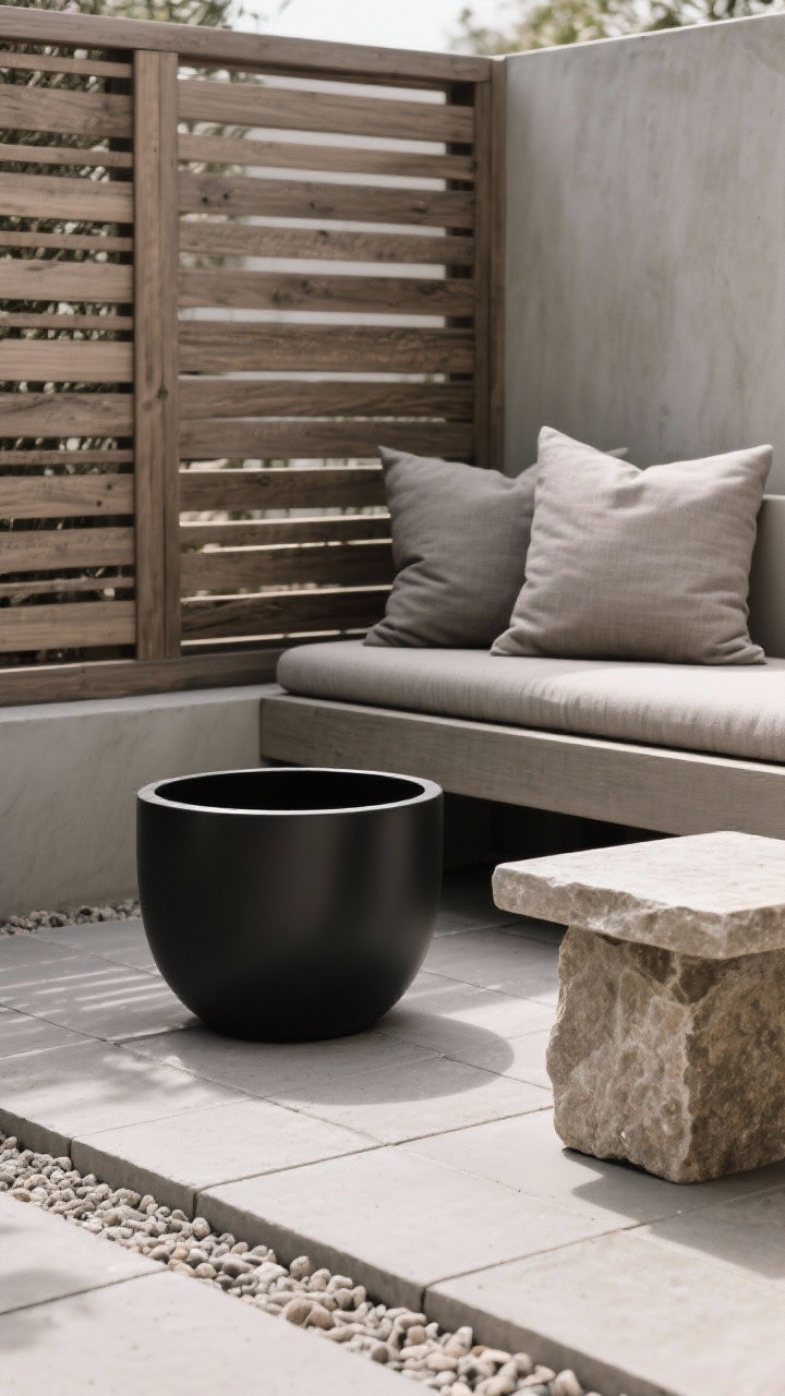 Detail closeup focused on monochrome texture: a cohesive neutral palette scene with warm grey concrete paver surface, light gravel border, and a slatted natural wood privacy screen; in foreground, a smooth, powder-coated black planter paired with raw stone side table; linen-textured outdoor cushions in two tones of warm grey on a simple bench; soft diffuse daylight highlighting material variation—matte, smooth, slatted, and woven—creating depth without added color.