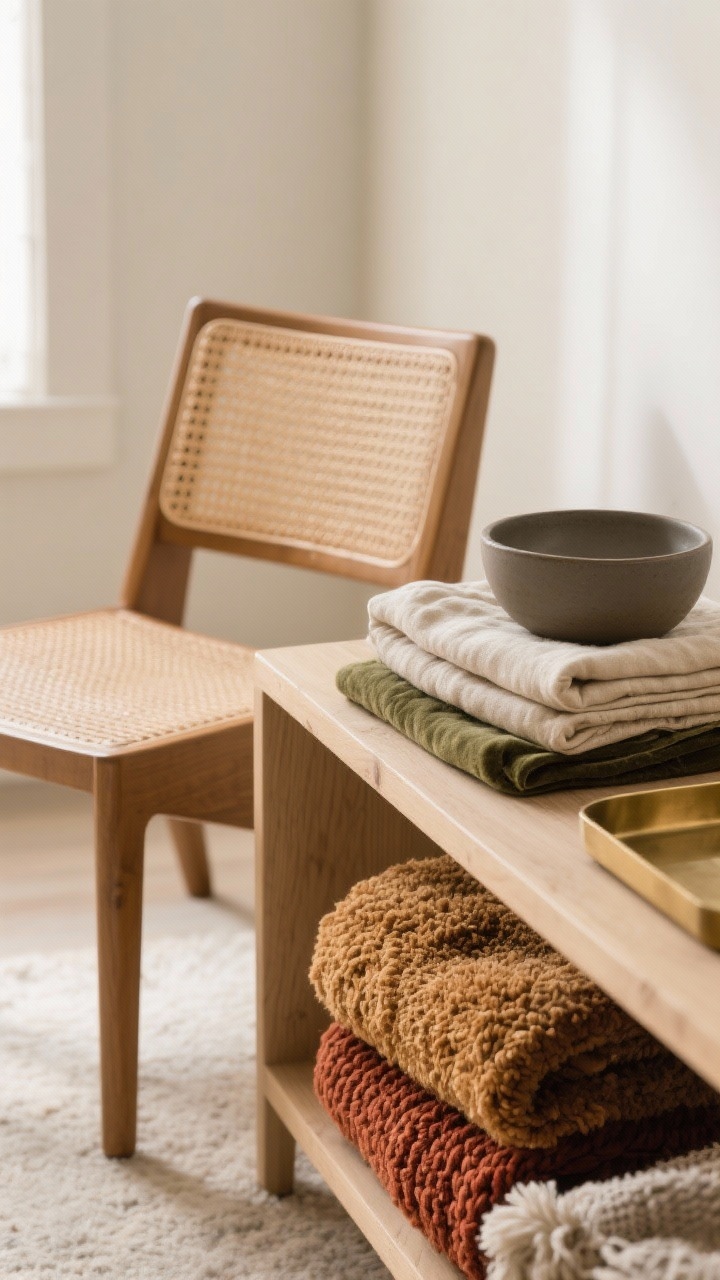 Detail closeup from a corner angle highlighting textures: a rattan side chair with cane back beside a matte ceramic bowl on a light wood side table; nearby, a folded stack shows the seasonal contrast—on top, breezy linen and cotton in sandy neutrals and sage, below, a swatch of bouclé, velvet, and chunky knit in warm camel and rust; a slim brass tray peeks in for winter mood. Soft natural light grazing the materials, photorealistic, three-texture focus per zone.
