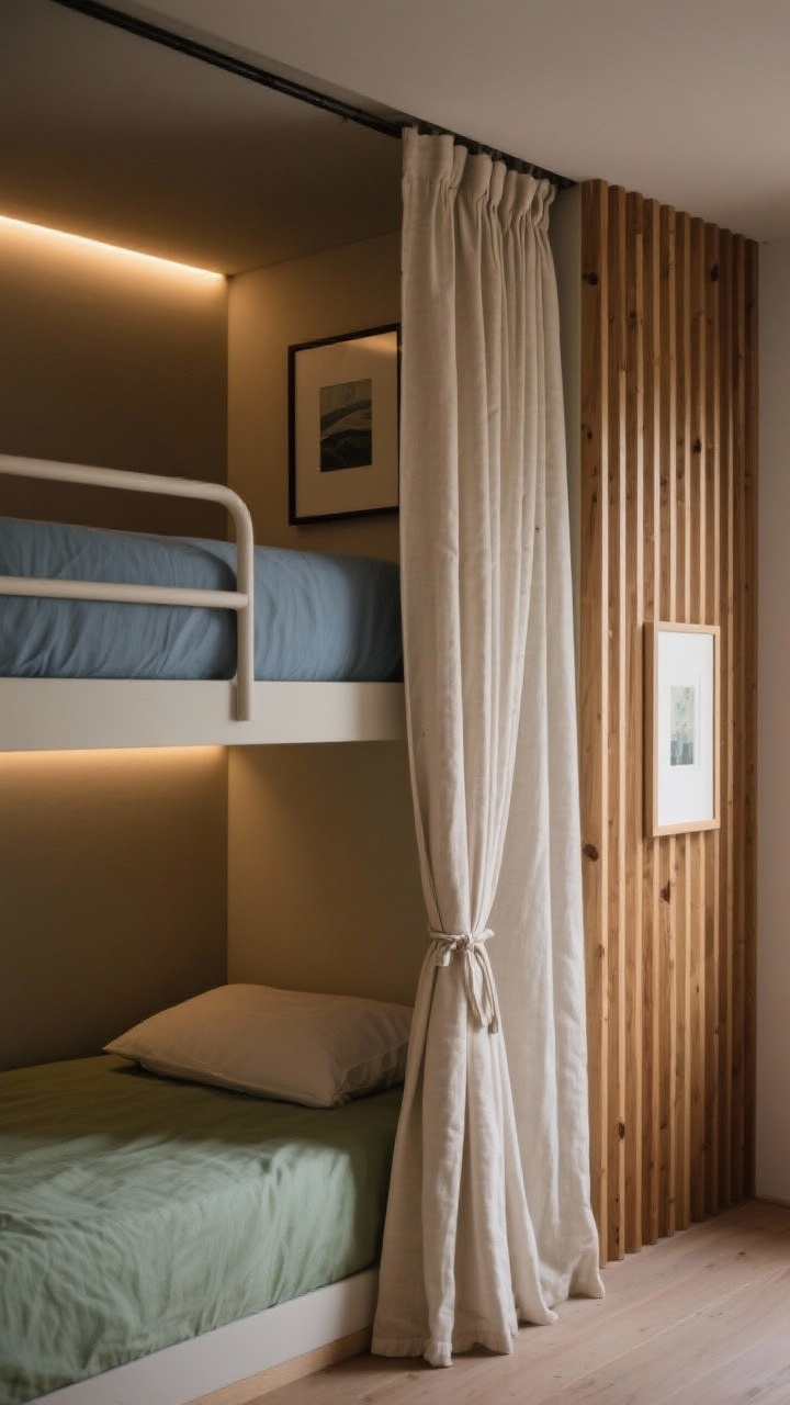 Detail closeup from the foot of a bunk showing privacy features: rail-mounted cotton-linen curtains in a soft neutral pulled halfway for a cozy pod effect with simple tiebacks; behind the curtain, a small framed art print and a subtle LED strip tucked behind a lip for glow without glare; adjacent half-height wood slat panel filtering light for extra privacy; two bunks subtly differentiated by color zones (one in muted blues, one in soft greens) while sharing cohesive neutrals; warm, dimmable evening lighting for a serene mood.