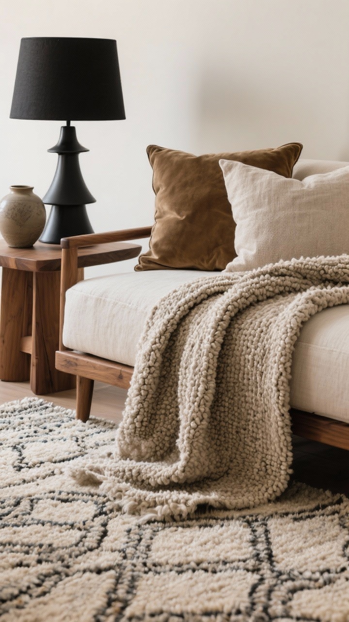 Detail closeup: Layered textures for warmth—wool rug with a subtle pattern underfoot, a nubby linen throw draped on a linen pillow beside a suede cushion, a matte black metal lamp base next to a ceramic vase on an oak side table. The shot highlights tactile contrast and repetition of 3–4 materials (oak, boucle/linen, ceramic, matte black metal). Soft, diffused light to showcase weave and grain, photorealistic.