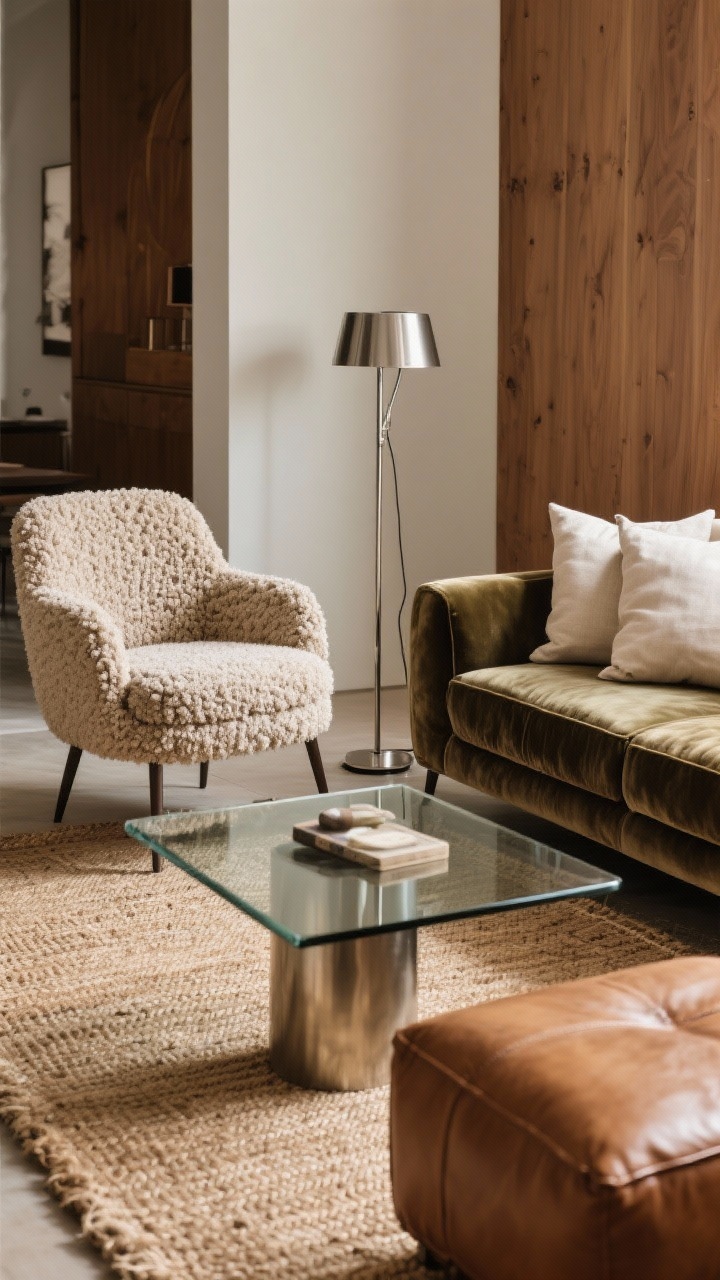 Detail closeup: Layered textures on and around a seating area—focus on a bouclé accent chair next to a sleek brushed metal floor lamp, a jute rug beneath a glass coffee table, and the edge of a velvet sofa with linen pillows and a leather ottoman in frame. Capture the tactile contrast and keep metals in a warm tone family with warm wood accents. Soft warm light emphasizing fabric weave and material sheen, photorealistic.