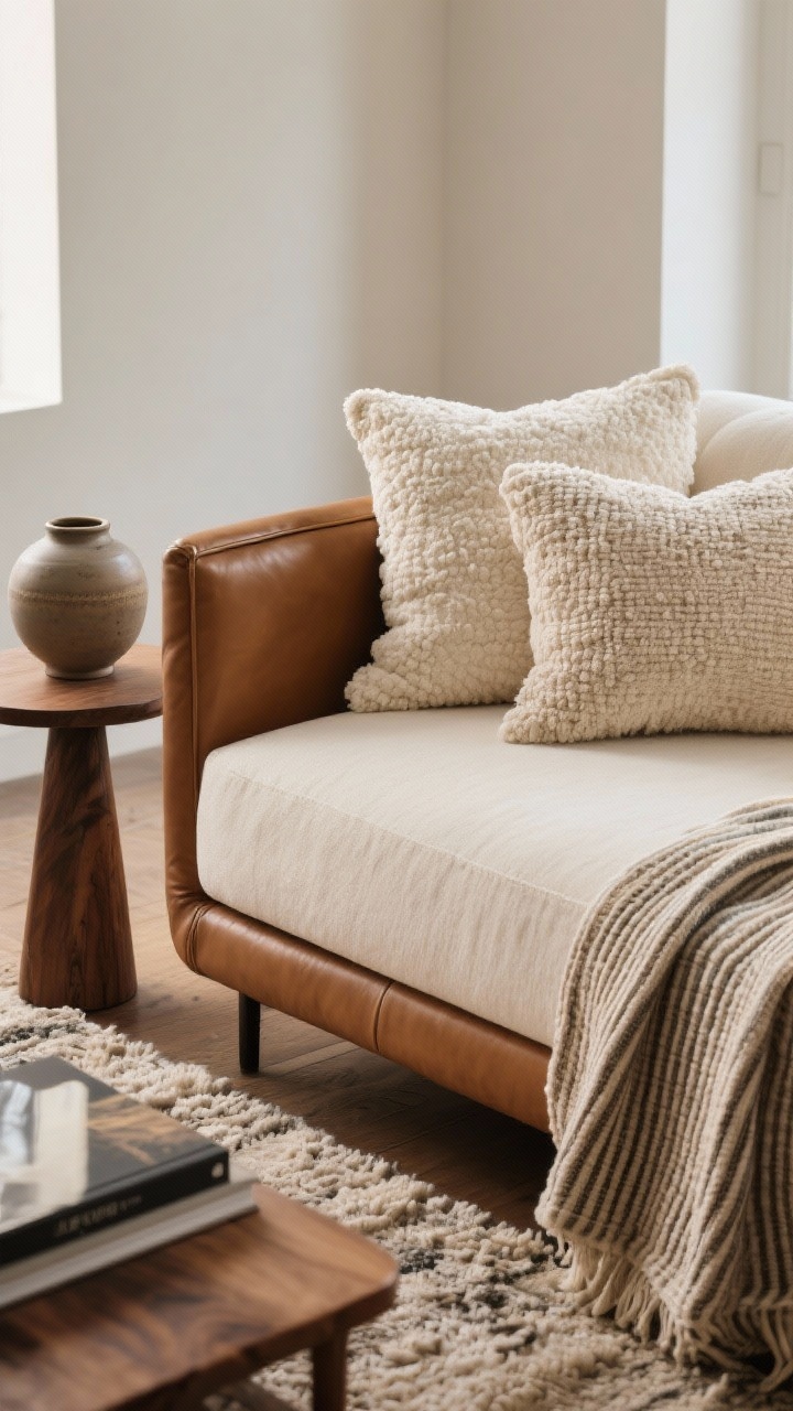 Detail closeup: Layered textures vignette on a sofa corner—nubby pillows in cream and sand against a smooth cognac leather chair arm; a wool rug edge visible below, next to a matte ceramic pottery piece and a glossy art book on a small wood side table; subtle striped throw folded nearby; focus on woven, ribbed, boucle, linen, matte ceramics, and patina’d wood surfaces; soft diffused light highlighting texture, photorealistic.