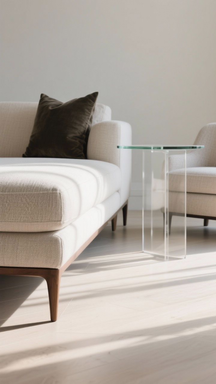 Detail closeup: Low, light, and leggy elements. Focus on the lower profile of a sofa with 6–7 inch exposed legs, showing the shadow line beneath. Include an armless/slipper chair nearby and a glass or acrylic side table whose surface visually disappears. Fabrics in light-to-mid tones with soft weave visible; a darker accent pillow used sparingly. Natural daylight rakes across the floor to emphasize airiness and long sightlines.