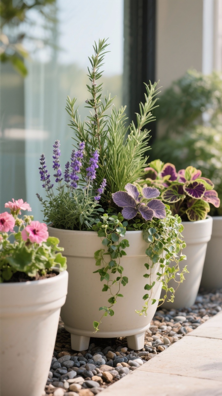 Detail closeup of a container garden trio following thriller-filler-spiller formula: in a large lightweight resin planter on pot feet, an upright rosemary or dwarf grass as the thriller; mid-height filler of lavender and heuchera; trailing spiller of creeping jenny or ivy cascading over the rim. Adjacent planters (3–5 total implied) show geraniums and coleus for added color. Mulch surface with pea gravel for a clean, finished look. Sharp focus on foliage textures and colors, slight background blur, natural morning light, photorealistic.