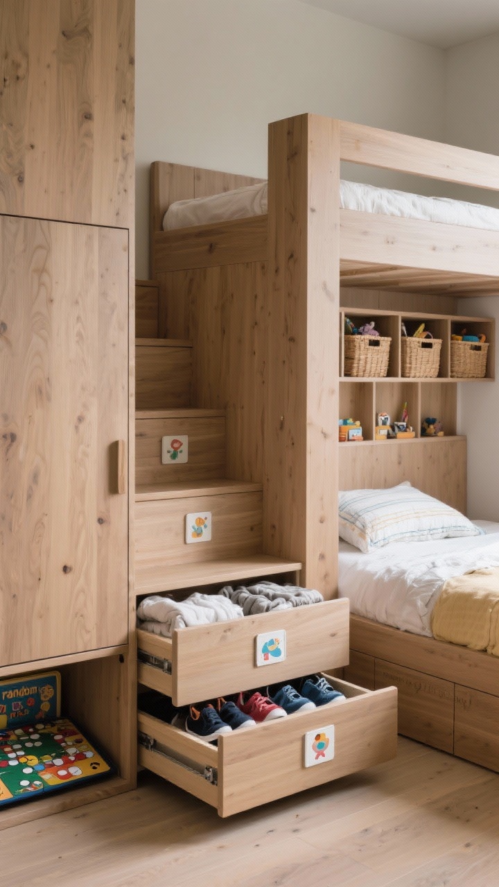 Detail closeup of a staircase bunk with integrated storage: pull-out stair drawers partially open showing neatly stored shoes and folded bedding; matte wood tones with soft-touch finish to hide scuffs; end-of-bed cabinet door ajar revealing board games; headboard cubbies lined with small baskets containing “random tiny things,” each labeled with clear icon tags kids can read; natural, even lighting highlighting the joinery and organization.