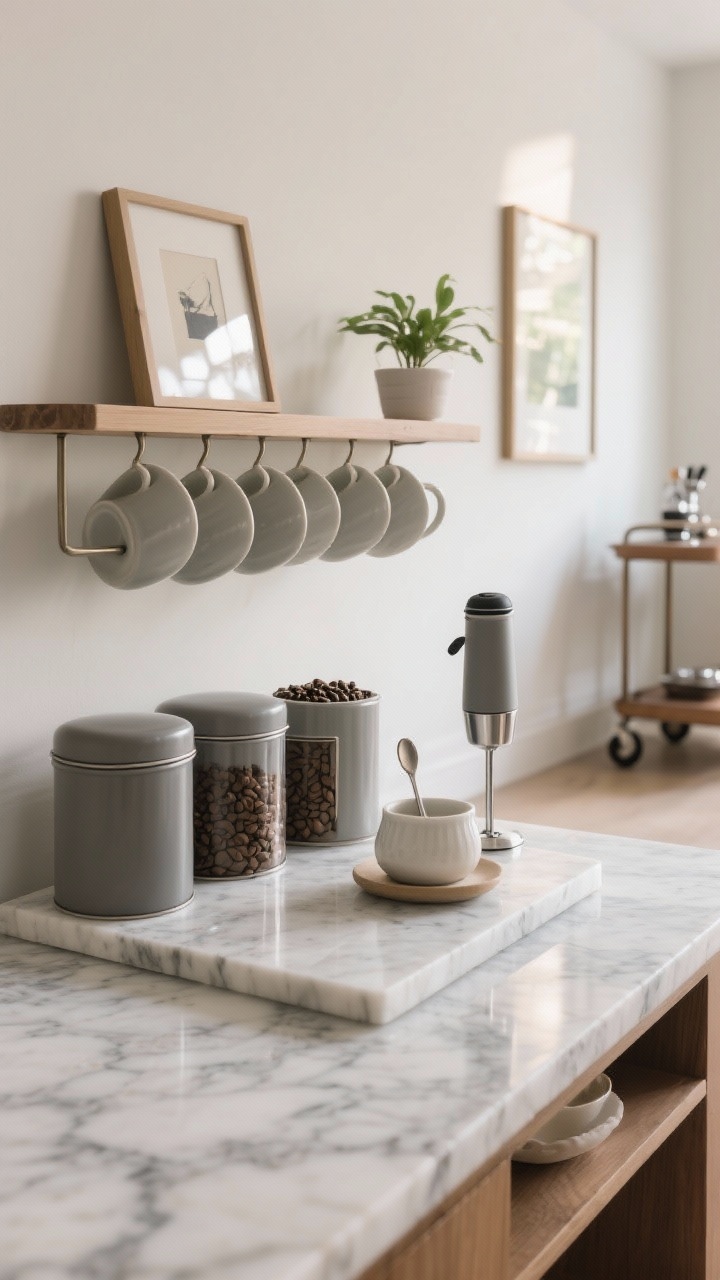 Detail closeup of a styled coffee/tea corner: a marble slab anchoring the setup, matte canisters for beans and tea, a handheld frother, sugar bowl, spoon rest, and a row of matching mugs on a small rack; add a tiny potted plant and a small framed art piece; optional rolling cart in the background hinting at a mobile barista bar; soft morning light with gentle reflections on ceramic and metal; crisp, photorealistic textures.