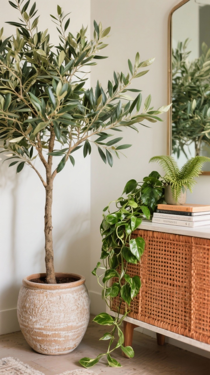 Detail closeup of greenery on and beside a console: a tall statement plant (olive tree) in a substantial textured ceramic pot on the floor, alongside a trailing pothos draping from the console edge; a petite fern adds softness next to a small stack of entry books; realistic leaf textures with natural, diffused daylight; colors are natural greens with terracotta and woven basket accents, no neon greens; tight focus on leaves and planter textures.