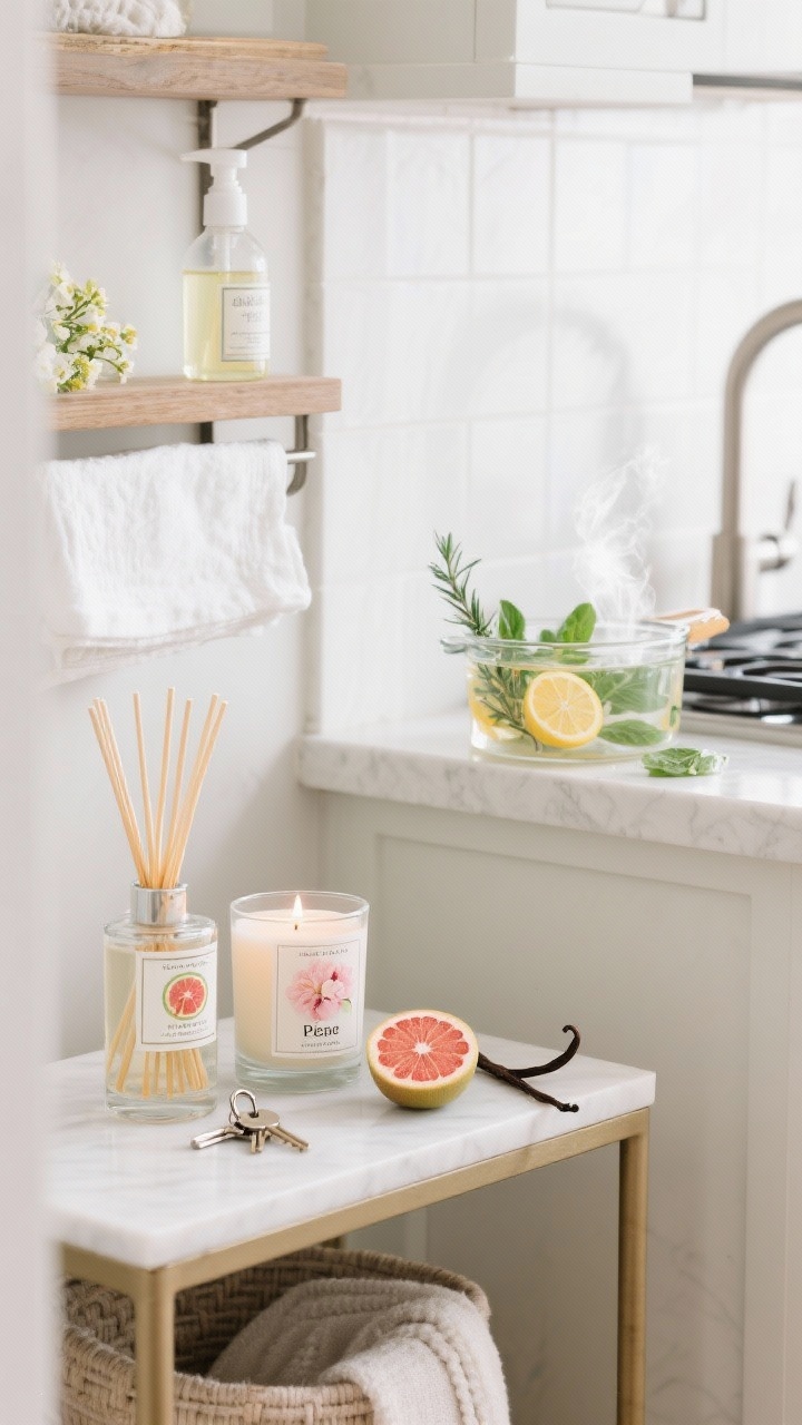 Detail closeup of layered spring fragrances around the home: a console in the entry with a reed diffuser labeled grapefruit beside keys, living room side table with a candle labeled peony and fig, laundry shelf with a linen spray bottle, and a kitchen sink scene with basil hand soap; include a stovetop pot with lemon slices, rosemary, and a vanilla pod steaming gently; clean, airy lighting emphasizing glass, labels, and freshness.