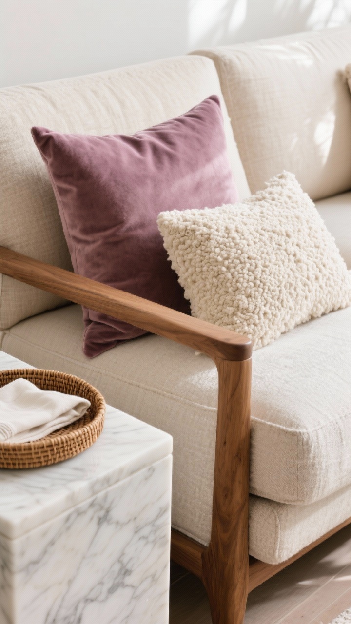 Detail closeup of layered textures on a sofa: a linen sand-colored sofa cushion with a mauve velvet throw pillow and a cream boucle lumbar pillow; nearby edge of a glossy white-veined marble side table meets a rattan tray holding a cotton napkin; warm wood armrest visible; soft diffuse afternoon light enhances tactile weave and nubby boucle; shallow depth of field, photorealistic.