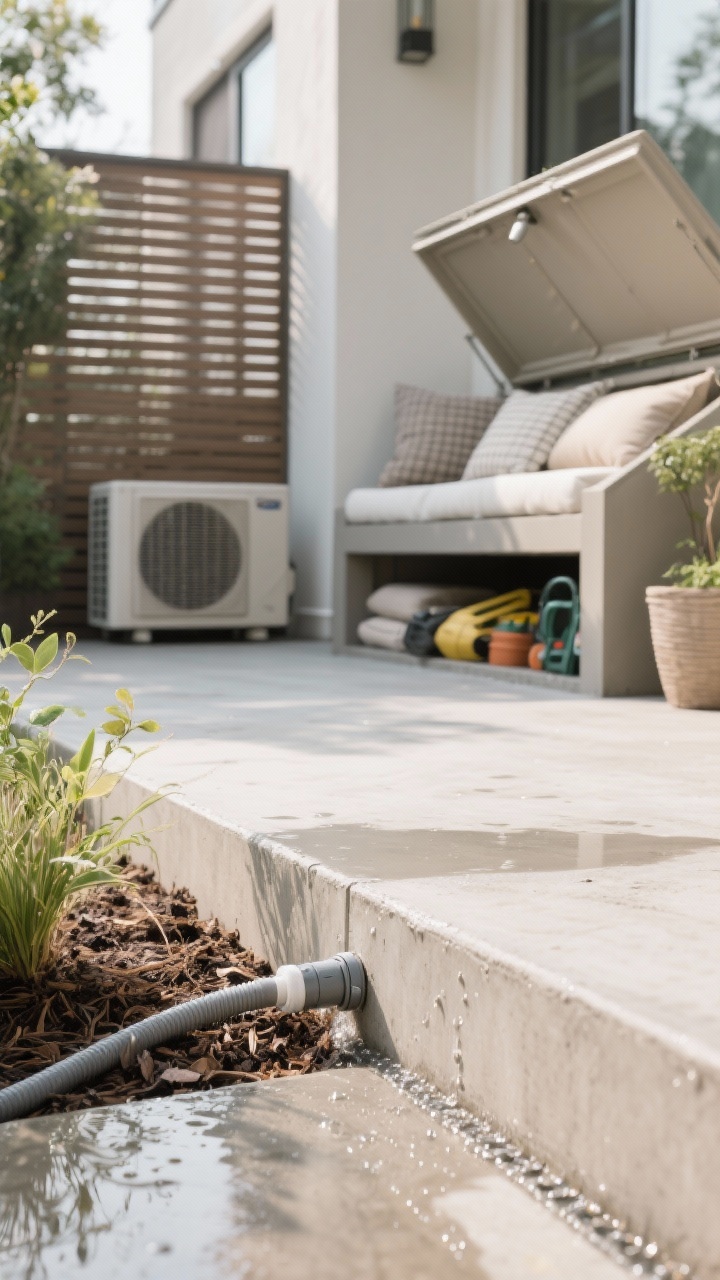 Detail closeup of low-maintenance systems kept invisible: a sealed concrete surface beaded with water mid-hose-off for easy cleaning, edge revealing neatly buried drip irrigation emitter near plant mulch, a slatted screen discreetly hiding an AC unit in the background, and the open lid of a weatherproof storage bench showing neatly stowed cushions and garden gear; neutral tones, matte finishes, and clean seams; bright, practical daylight underscoring tidy functionality.