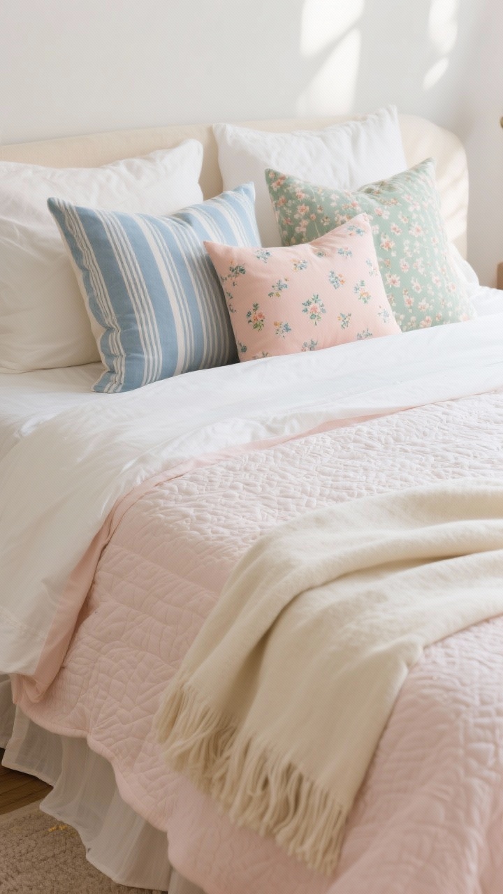 Detail closeup of spring-ready bedding layers: percale or linen sheets in pale blush or warm white, a lightweight matelassé coverlet in cream, and a folded cotton throw at the foot of the bed; pillows feature micro-patterns—small stripes and ditsy florals in a coordinated palette of sky blue, dusty rose, and sage, with the boldest pattern on the pillows; hint of a slightly oversized duvet cover for a luxe drape; soft morning light grazing the textures; photorealistic fabric detail.