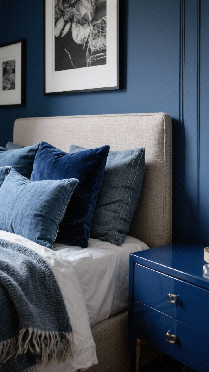 Detail closeup of tone-on-tone layering on a bed against midnight blue walls: textiles in denim, navy velvet, and slate linen stacked as pillows and throws, showing weave and pile; a lacquered nightstand in a slightly darker blue sits beside, reflecting subtle highlights; monochrome art with mats echoing the wall color partially visible; one contrasting texture—a natural linen headboard or a nubby wool throw—adds depth; soft side lighting to reveal texture gradients; photorealistic.