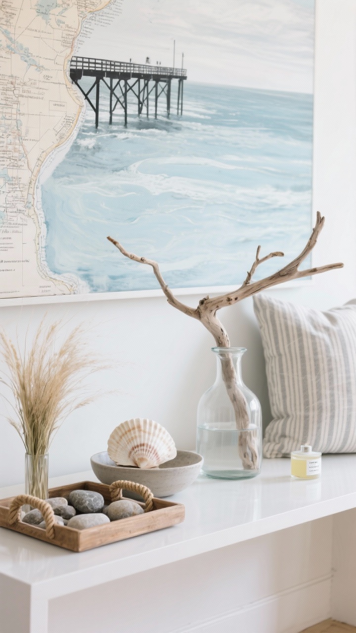 Detail closeup: Refined coastal decor vignette on a simple console—abstract seascape art in soft blues and grays above, a vintage coastal map leaning behind a black-and-white pier photo; found objects edited to one driftwood branch, a single large shell in a shallow bowl, and smooth stones; dune grass stems in a clear glass jug; a rope-handled tray with a subtly striped pillow nearby and a small diffuser labeled salt-citrus-cedar; surfaces mostly clear, calm and collected, photorealistic.