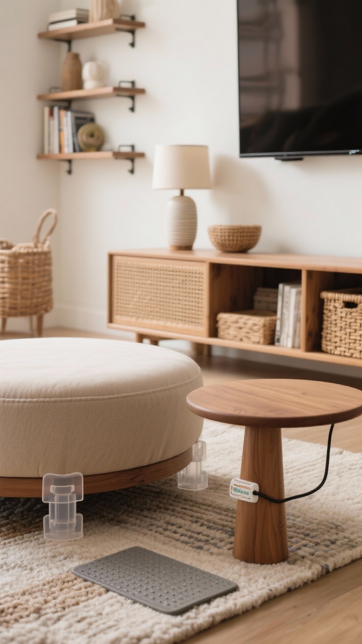 Detail closeup: Safety elements that blend into decor. A rounded-edge padded ottoman used as a coffee table, clear silicone corner guards on a nearby console, a rug with a non-slip pad peeking subtly at the edge, and a lamp cord neatly clipped down a table leg. In the background, a wall-mounted TV and anchored bookshelf hint at anti-tip hardware. Materials prioritized: wood and woven accessories instead of breakables. Soft, diffused lighting, refined but unobtrusive safety.