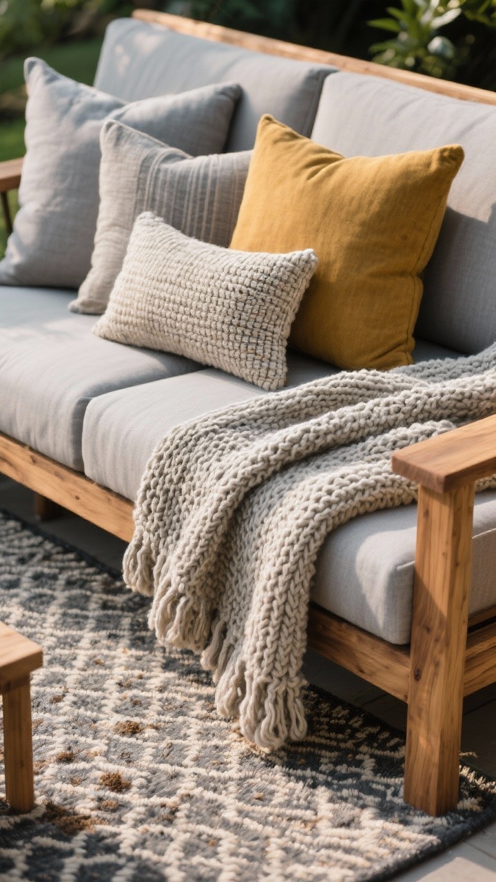 Detail/closeup shot focused on layered textures and a tight palette: weather-safe cushions and chunky knit throw on teak/acacia seating, with outdoor-friendly pillows over a patterned outdoor rug that hides dirt. Color scheme: two base colors (soft gray and warm eucalyptus wood tones) with one accent (muted mustard). Emphasize tactile variety and UV-resistant performance fabrics; shallow depth of field highlights fabric weave and wood patina. Soft late-afternoon natural light, photorealistic.