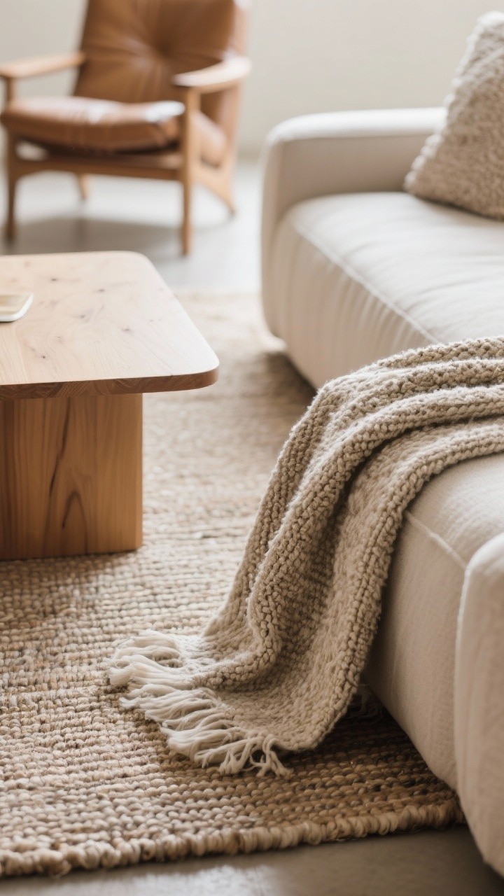 Detail closeup showcasing layered textures, not trinkets: a tight shot of a flatweave rug meeting the edge of a linen sofa, with a nubby throw draped casually, and a smooth light-oak coffee table surface in frame. Include the arm of a boucle or leather accent chair softly blurred in the background. Limit to 3–4 textures total; emphasize tactile depth, subtle warmth, and natural, diffuse daylight highlighting fabric weaves and wood grain.
