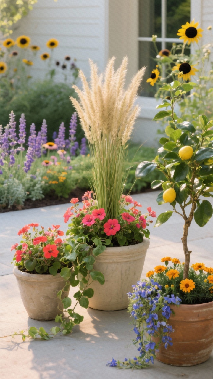 Detail closeup, soft morning light: A trio of spring planters showcasing the “thriller, filler, spiller” formula. Center planter features an upright ornamental grass as the thriller; surrounding it are bright geraniums as fillers; trailing sweet potato vine spills over the rim. Nearby, a second planter includes a dwarf lemon tree with glossy leaves, marigolds as fillers, and trailing lobelia. In the background, a bed with native perennials—lavender, coneflowers, and black-eyed Susans—attracts pollinators. Lush, easy-care look emphasized. No people, photorealistic.