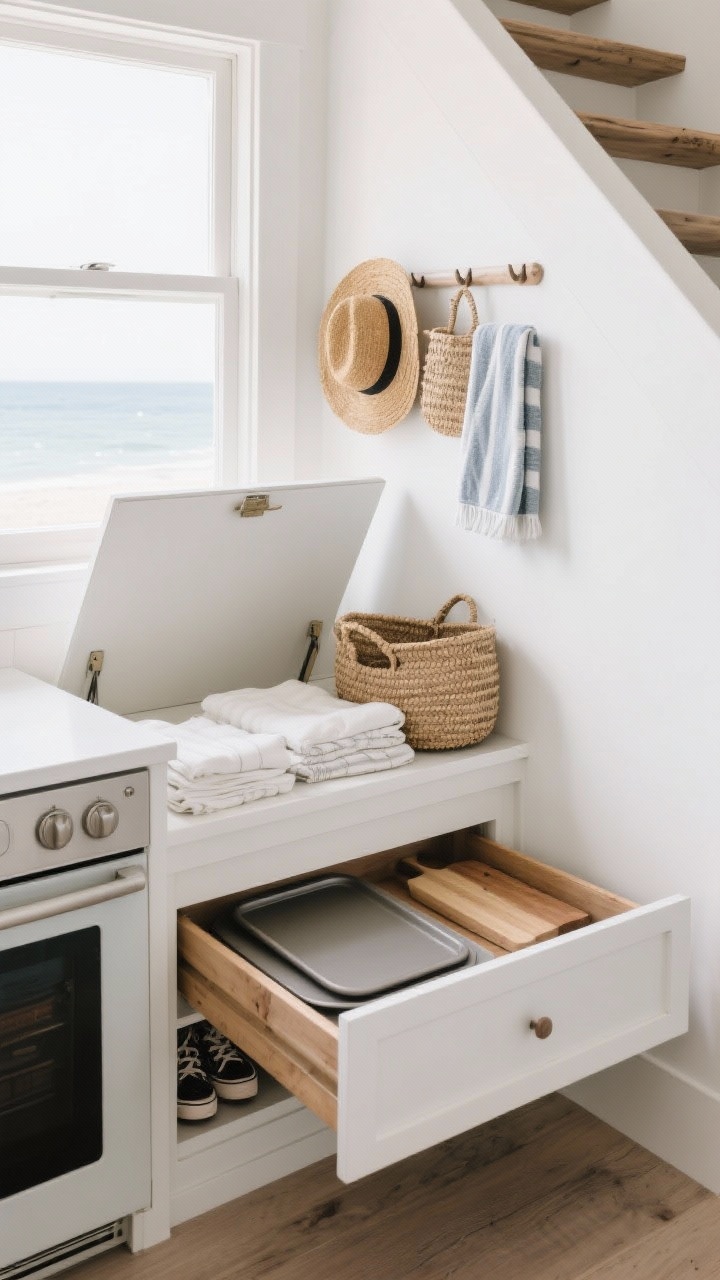 Detail closeup: Storage that hides in plain sight—a built-in window seat with a lift-up lid opened slightly to reveal neatly folded linens; toe-kick drawer in a compact kitchen base cabinet pulled out with baking sheets and cutting boards; a stair drawer to a loft partially open with organized shoes; wall-mounted peg rail holding a straw hat, woven basket, and a folded beach towel; calm, tidy coastal palette with soft whites and driftwood wood tones, photorealistic.