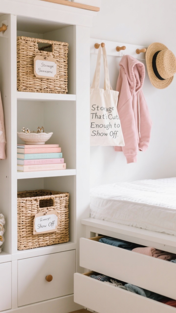 Detail closeup: “Storage That’s Cute Enough to Show Off.” Focus on a white cubby shelf with woven labeled baskets (handwritten tags), a couple of open cubbies displaying pretty items (stacked pastel books, a ceramic jewelry dish). Include an adjacent peg rail with wood pegs holding a canvas tote, a blush hoodie, and a straw hat; under-bed drawers slightly open revealing neatly folded off-season clothes. Soft, diffuse daylight; textures of wicker, canvas, and smooth lacquer emphasized.