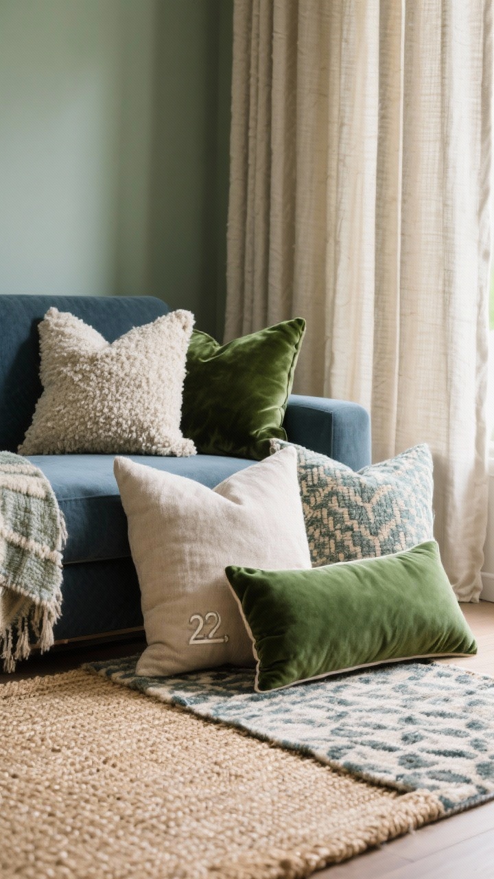 Detail closeup: Textiles-focused vignette showing mixed textures and patterns—bouclé, linen, and velvet throw pillows in sizes 20", 22", and a long lumbar—within a sage and slate blue secondary palette and a forest green accent; include an edge of a layered rug combo with a large natural jute base under a smaller patterned rug, and a glimpse of high-and-wide hung curtains in soft neutral oatmeal linen, with soft natural light highlighting the fabric weaves and cozy mix.