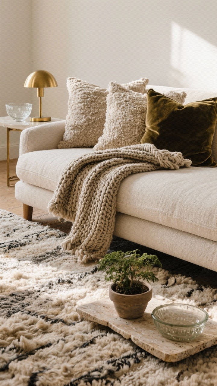 Detail closeup — Texture layering on a sofa and rug: a substantial wool rug as base, pillows in linen, bouclé, and velvet clustered together, a chunky knit throw casually folded over the arm, plus a hard-shine touch from a small brass lamp on a side table and a glass bowl. Add a single organic element: a small potted plant on a travertine tray. Warm, diffused afternoon light grazing the fabric weaves and the nubby textures for tactile depth.