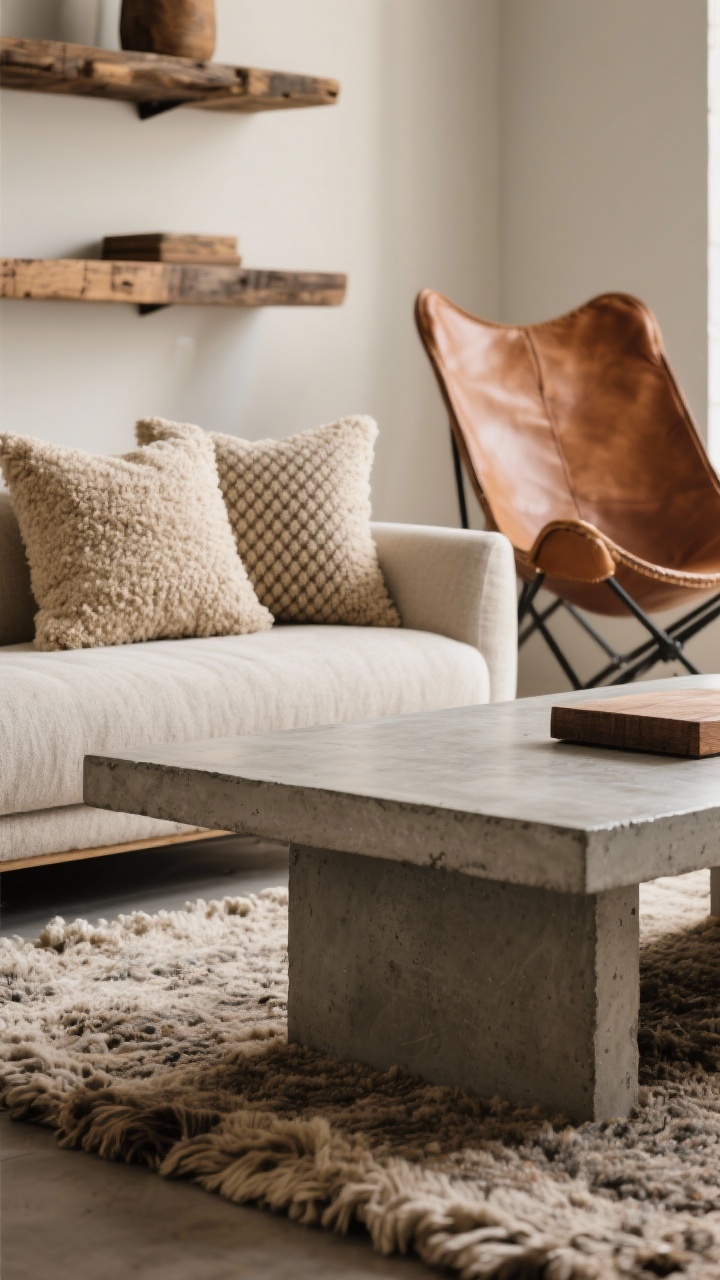 Detail closeup: Texture layering study—concrete coffee table surface paired with a thick wool rug edge, bouclé pillows in oat on a sofa, a reclaimed oak shelf and a cognac leather sling chair in the background blur; subtle patterns like herringbone weave and micro-check visible, warm side lighting to highlight tactile contrasts, shallow depth of field.
