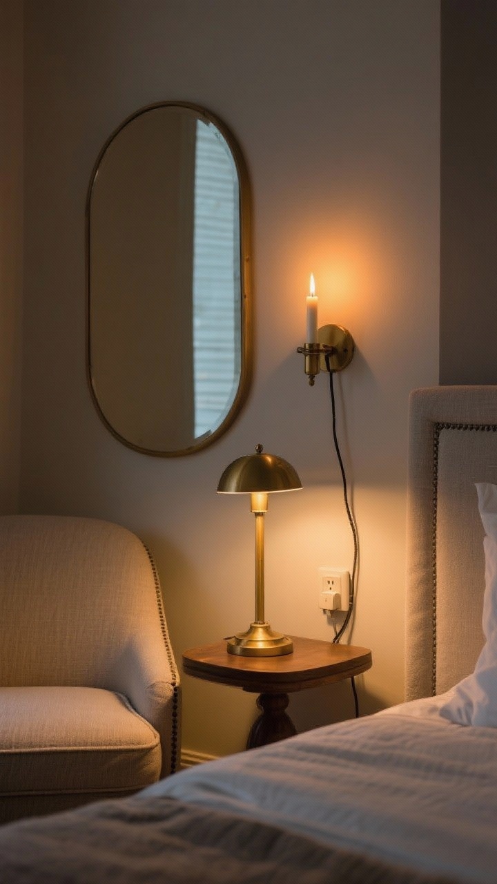 Detail/closeup, three-quarter angle: Layered lighting vignette in a bedroom sitting area—warm 2700K glow from a brass table lamp on a small side table, a plug-in sconce with visible cord mounted above, and a lit candle; a mirror behind the lamp subtly doubles the light; a linen-upholstered chair edge in frame, shadows soft and cozy, zero overhead light, mood set for late-night reading.