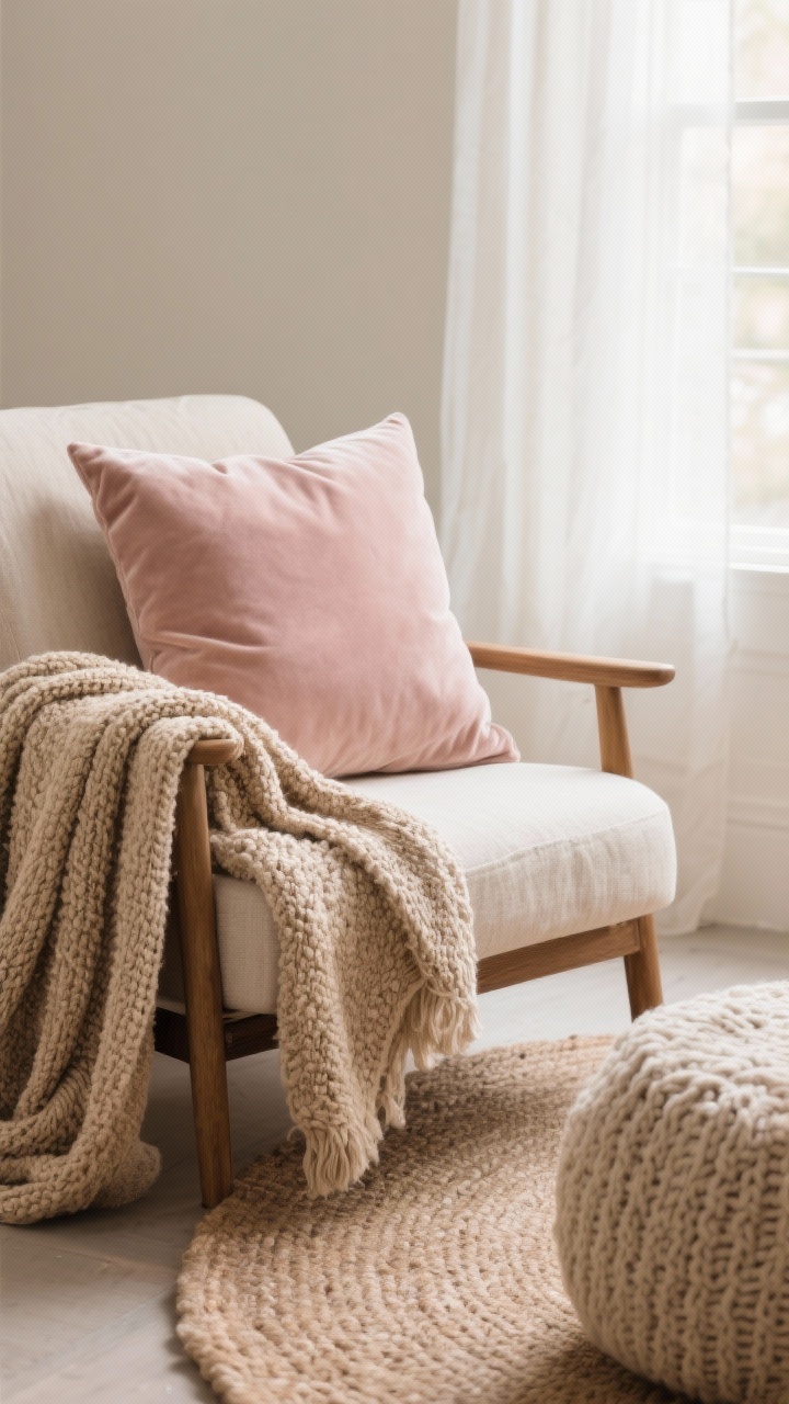 Detail/closeup, tight crop: Textiles that whisper relax—a folded knit throw in warm oatmeal draped over a linen chair arm, a muted pastel blush lumbar pillow in velvet, and the corner of a soft round rug; subtle interplay of boucle, linen, velvet, and chunky knit textures under diffuse window light; palette of earthy neutrals and gentle pastels, soothing and tactile.