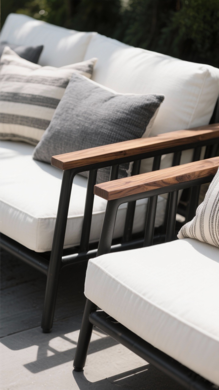 Detail closeup: Transformed outdoor furniture showcasing finishes and textiles. Matte black spray-painted metal chair frame beside a freshly sanded, stained, and sealed wood armrest with rich grain. Cushions in a tight palette of charcoal and soft white with a muted accent color, plus textured outdoor throw pillows in stripe and linen-look fabrics. Soft natural lighting to reveal fabric weave and finish; photorealistic; shallow depth of field.