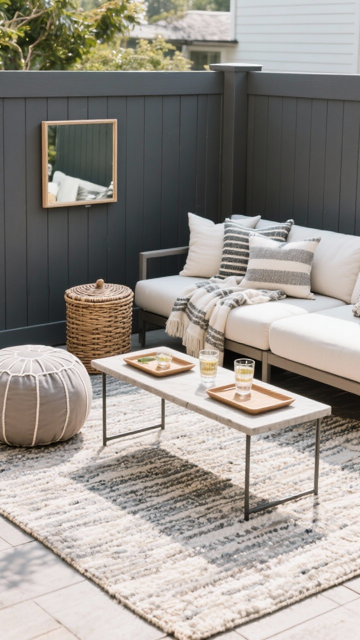 Detail/medium styling shot: The finishing touches. An outdoor rug grounding the main seating area, with slim side tables topped by trays for drinks. Weatherproof outdoor art or a mirror mounted on a fence freshly painted in a sophisticated charcoal tone. Layered textiles—fade-resistant throws, pillows, and a pouf—in a cohesive palette. A lidded wicker storage basket tucked beside the seating for clutter control. Soft natural light; photorealistic; corner angle to capture textures and sheen.