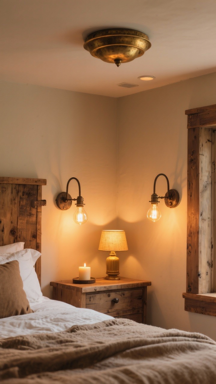 Detail/medium vignette, straight-on: Layered warm lighting in a rustic bedroom corner. A dimmable aged-brass flush mount overhead (softly on), a pair of iron swing-arm wall sconces flanking the bed with 2200K–2700K warm dimmable LED Edison-style bulbs, and a small accent lamp on a wood dresser emitting a golden glow. Include a candle or flameless candle for soft glimmer. Emphasize the amber light quality on nearby wood grain and textiles; no glare, no harsh overhead; photorealistic, no people.
