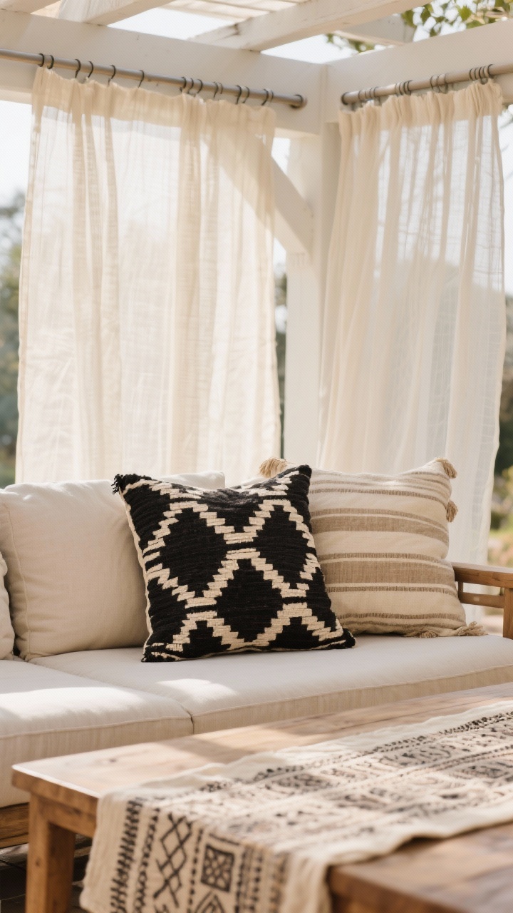 Detail-oriented closeup of boho textiles kept breezy: two-pattern max styling with a mudcloth-inspired pillow (black-on-cream geometric) paired with a subtle striped throw in sandy beige, grounded by solid neutral cushions. In the background, sheer outdoor curtains drift from a pergola/tension rod, softly backlit. On a simple wood table edge, a lightweight kantha or block-printed runner peeks into frame. Fabrics labeled UV-resistant. Soft natural daylight, shallow depth of field, photorealistic, no people.